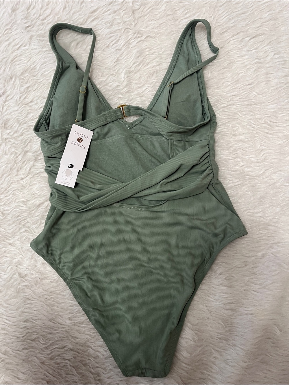 Shade & Shore Sage Green Ribbed V-Neck One-Piece Swimsuit M 8-10 MSRP $40 - Picture 4 of 4